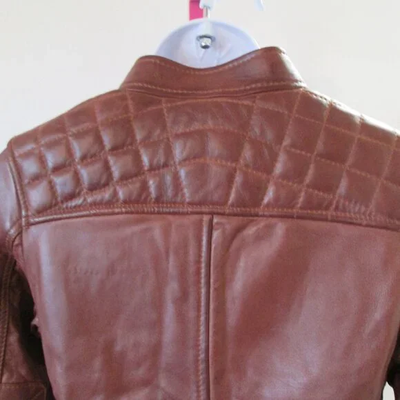 Cognac Leather Biker Style Jacket - Quilted Shoulder Sz XS - Picture 9 of 12